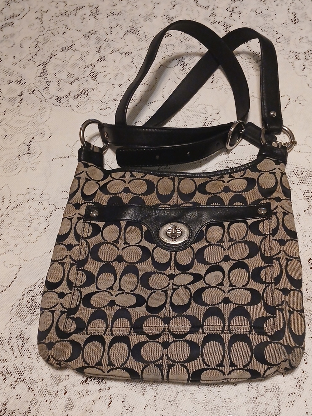 Coach Canvas Signature-Pattern Shoulder Bag in Tan and Black